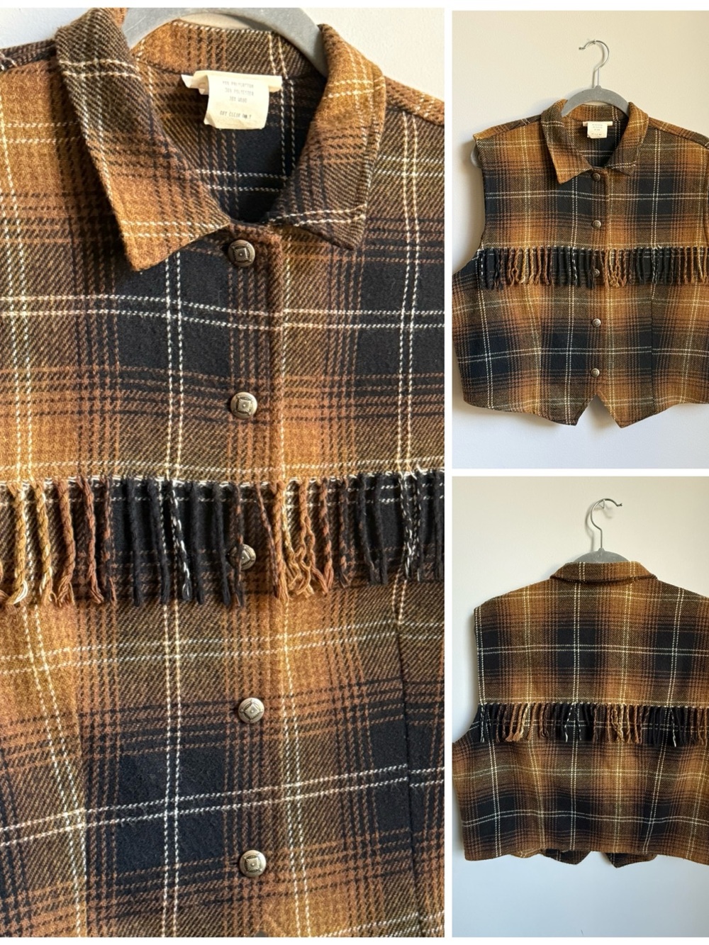 VTG Fringe Wool Vest Plaid Crop Button-Up Sleeveless Shirt 80s 90s Southwestern
